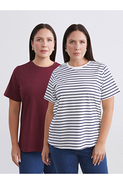 LC Waikiki SoulifeBordo Büyük Beden Çizgili Kadın Tişört 2'li