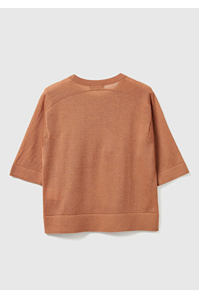United Colors of Benetton Women's Tan 100% Wool Crew Neck Short Sleeve Sweater