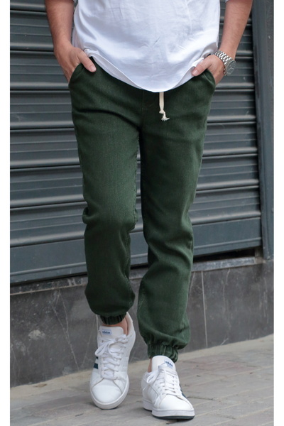 green poll Men's Jogger Jeans – Elastic Waist & Cuffs, Washed Denim