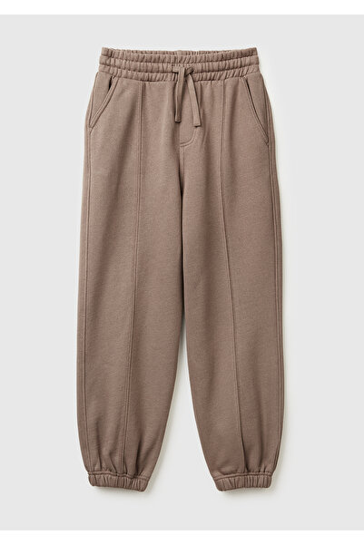 United Colors of Benetton Boy's Khaki Brown Logo Jogger Sweatpants with Drawstring and Stitching Detail