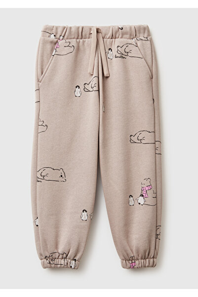 United Colors of Benetton Κοριτσίστικο καφέ μεικτό χρώμα, πλήρως σχεδιασμένο, κορδόνι περίσφιξης, ελαστικό πόδι, αθλητικό παντελόνι