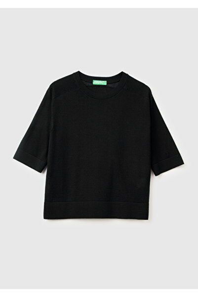 United Colors of Benetton Pulover cu mânecă scurtă B guler rotund pentru femei, negru, 100% lână