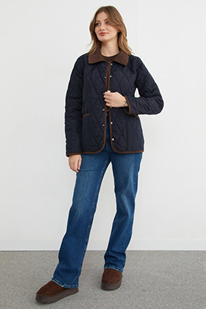 Fulla Moda Velvet Detailed Polo Collar Quilted Coat