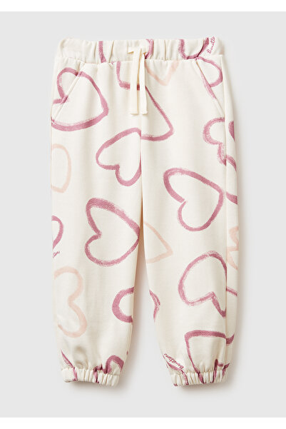 United Colors of Benetton Girl's Ecru Mix All-Over Patterned Drawstring Elasticated Cuffs Sweatpants
