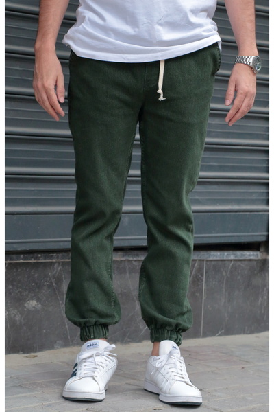 green poll Men's Jogger Jeans – Elastic Waist & Cuffs, Washed Denim