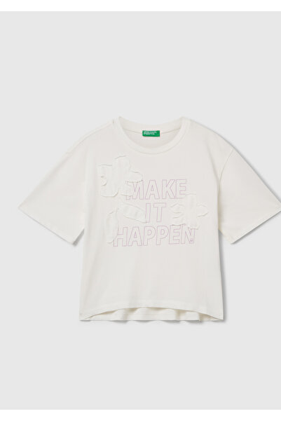 United Colors of Benetton Ecru pentru fetiță, cu cu imprimeu aplicații în faț...