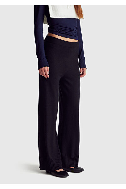 United Colors of Benetton Women's Black Wool and Cashmere Blend Ribbed Detailed Knitwear Pants