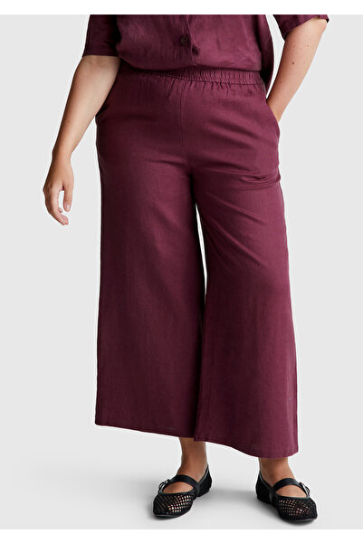 United Colors of Benetton Women's Plum 100% Linen Elastic Waist Loose Short Leg Trousers