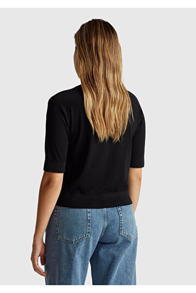 United Colors of Benetton Pulover cu mânecă scurtă B guler rotund pentru femei, negru, 100% lână