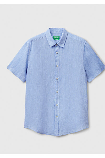 United Colors of Benetton Men's Blue 100% Linen Regular Fit Short Sleeve Shirt