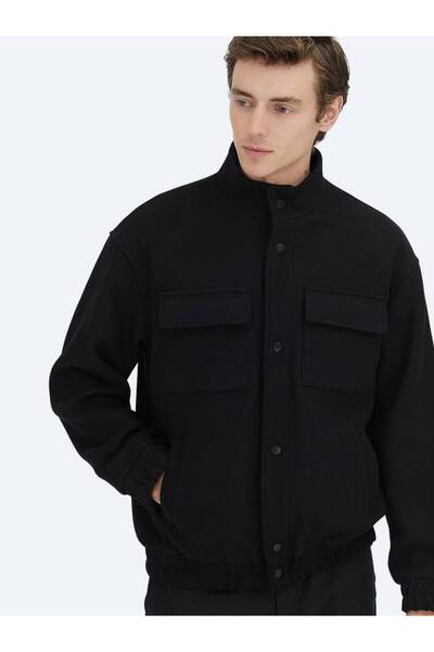 Kip Μαύρο Comfort Fit ψηλός λαιμός Casual υφαντό παλτό