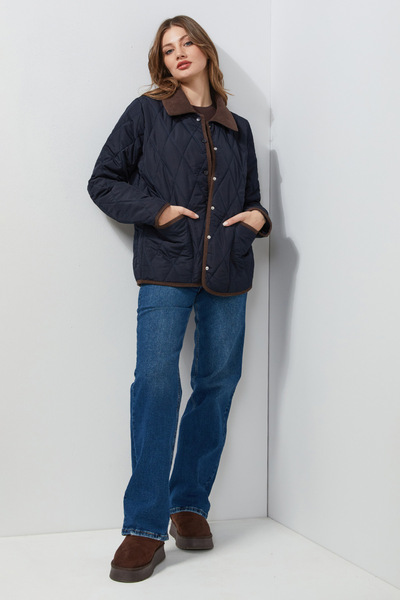 Fulla Moda Velvet Detailed Polo Collar Quilted Coat