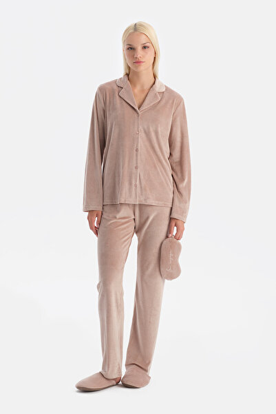 Dagi Mürdüm Travel Ribbed Velvet Shirt Pants Pajama Set