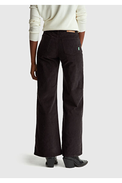 United Colors of Benetton Women's black cotton blend wide leg velvet trousers with logo label on the back