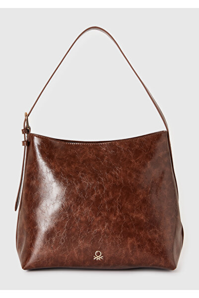 United Colors of Benetton Women's Dark Brown Faux Leather Shiny Zippered Shoulder Bag