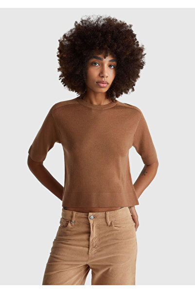 United Colors of Benetton Women's Tan 100% Wool Crew Neck Short Sleeve Sweater