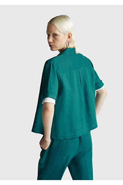 United Colors of Benetton Women's Dark Green 100% Linen Half Sleeve Plain Shirt