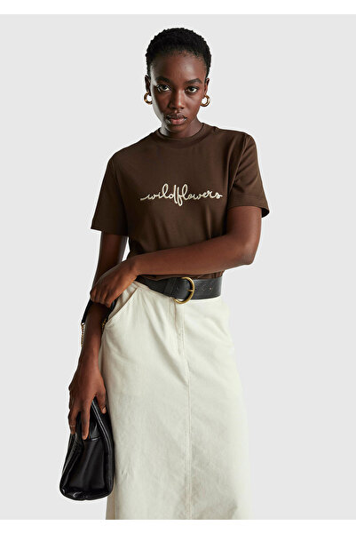 United Colors of Benetton Women's Dark Brown 100% Cotton Front Floral Embroidered Crew Neck T-Shirt