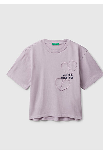 United Colors of Benetton فتاة طفلة أرجواني أمامي مطبوع مزخرف بياقة مضلعة قصة...