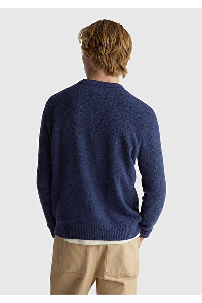 United Colors of Benetton Men's denim blue cotton and wool blend ribbed detailed crew neck sweater