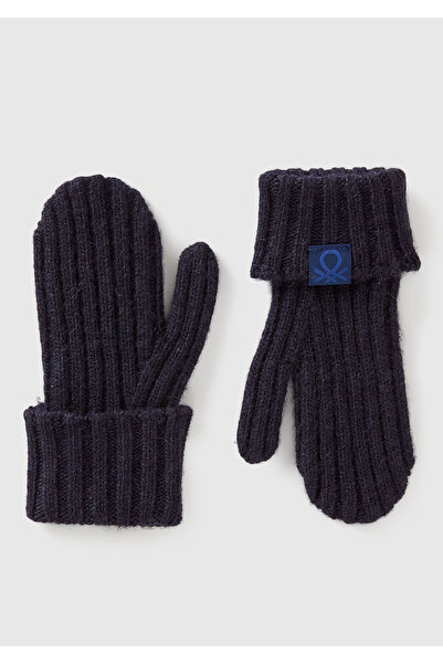 United Colors of Benetton Boys' Navy Blue Wool and Viscose Blend Ribbed Gloves with Logo Label