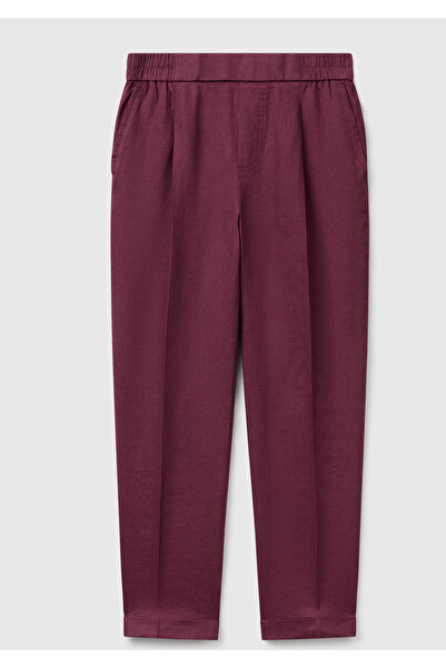 United Colors of Benetton Women's Plum 100% Linen Elastic Waist Detailed Curled Leg Trousers