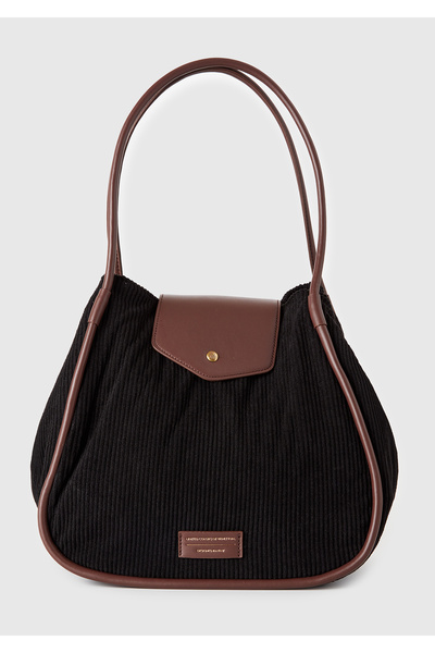 United Colors of Benetton Women's black faux leather detailed drawstring velvet tote bag