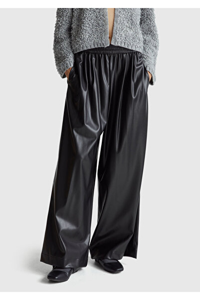 United Colors of Benetton Women's Black Elastic Waist Drawstring Wide Leg Pants