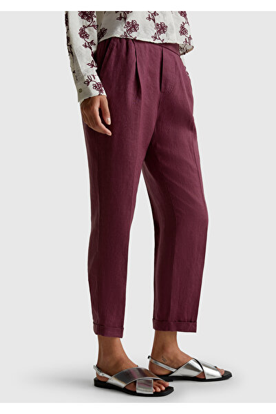 United Colors of Benetton Women's Plum 100% Linen Elastic Waist Detailed Curled Leg Trousers