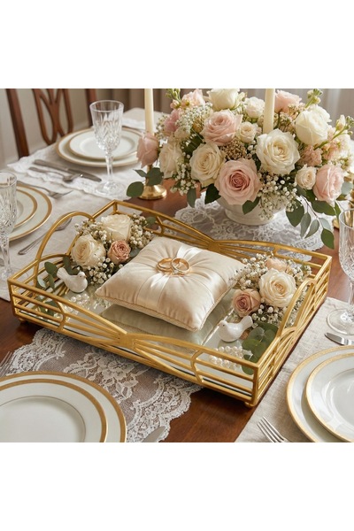 Yavuzhan Metal Gold Detaylı Aynalı Dekoratif Söz, Nişan, Sunum Tepsisi (30x20)