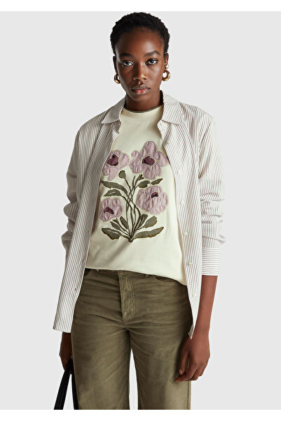 United Colors of Benetton Women's Cream 100% Cotton Front Floral Embroidered Crew Neck T-Shirt