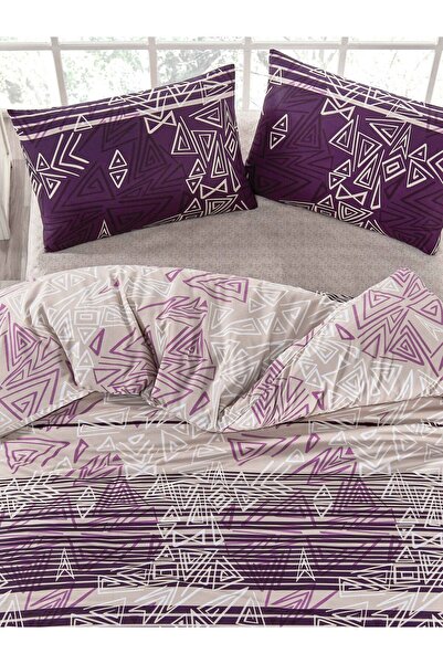 Cottonest Plum Geometric Patterned 100% Cotton Duvet Cover Set – Single Size, Soft Texture, Modern Design