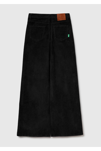 United Colors of Benetton Women's black cotton blend wide leg velvet trousers with logo label on the back