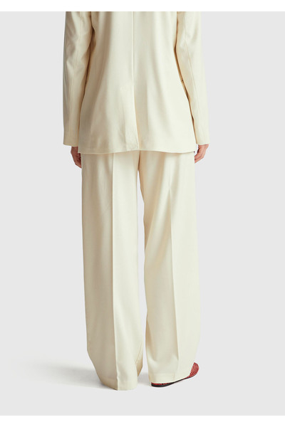 United Colors of Benetton Women's Ecru Viscose and Wool Blend Hidden Button Wide Leg Trousers