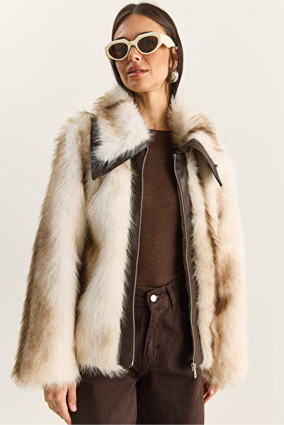Bianco Lucci Γυναικείο δερμάτινο μπουφάν με φερμουάρ και επένδυση από ψεύτικη γούνα 2849 60281132