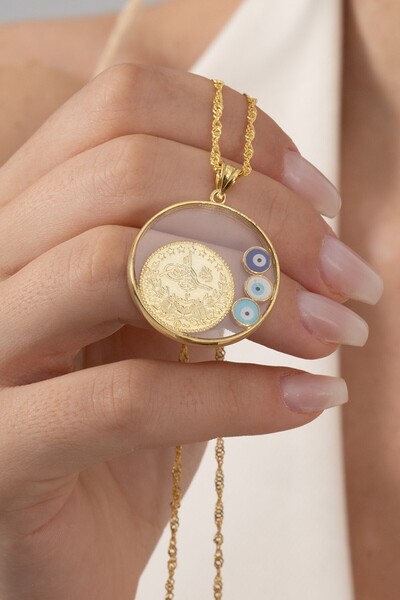 Söğütlü Silver 925 ayar gümüş kolye altın yaldızlı singapur zincirli nazarlı,çerçeveli, tuğralı, çeyrekli kolye SGT