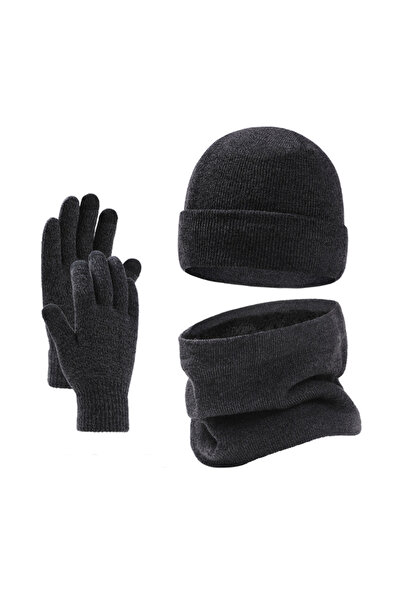 NO BRAND Men's winter knitted hat set in three parts: hat + scarf + gloves wi...