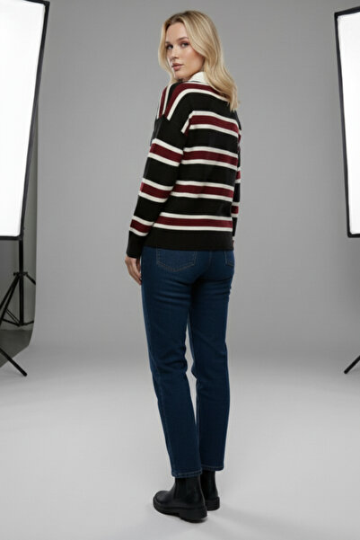 civetta Women's Black Striped Polo Neck Knit Sweater - Buttoned Soft Winter Top