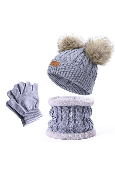OEM Autumn and Winter Parent Child Knitted Hat and Scarf Set Two Piece - Tibetan Blue -3 Balls -