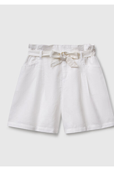 United Colors of Benetton Girl's White Linen Blend Wide Fit Bermuda Shorts with Belted Waist