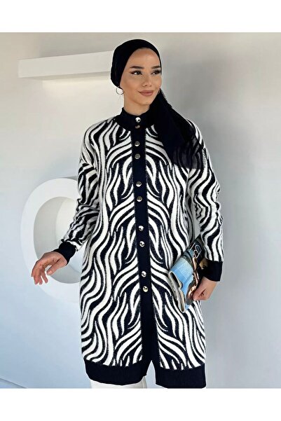 FLEX FASHION Γυναικεία χειμερινή ζακέτα με σχέδιο ζέβρας, με χνουδωτό μπλε ναυτικό τρίκοτο, 90 εκ.