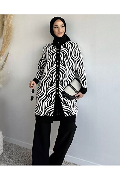 FLEX FASHION Women's Winter Zebra Print Furry 90 cm Black Knitwear Cardigan