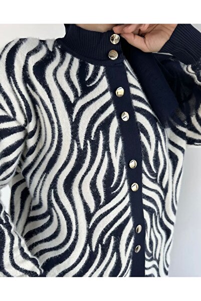 FLEX FASHION Γυναικεία χειμερινή ζακέτα με σχέδιο ζέβρας, με χνουδωτό μπλε ναυτικό τρίκοτο, 90 εκ.