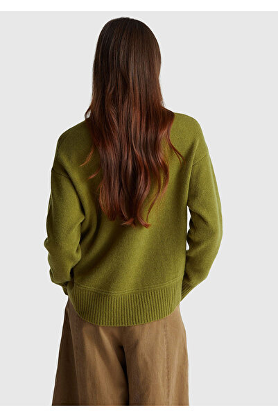 United Colors of Benetton Women's Khaki Green Wool Blend Wide Bottom Crew Neck Sweater