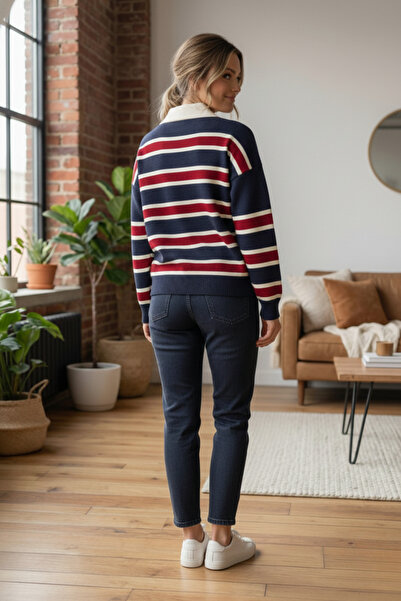 civetta Women's Navy Blue Striped Polo Neck Knit Sweater - Buttoned Soft Winter Top