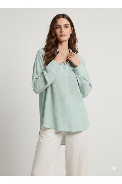 Meşe Moda Mint Green Textured Oversized Shirt