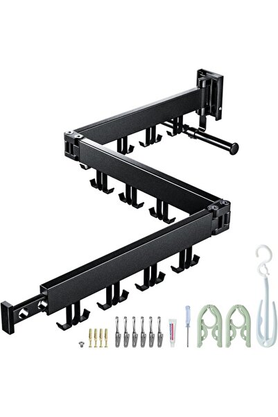 Plainshe Uscator de rufe de perete aluminiu, pentru balcon, terasa (carlige duble negre), 124 cm, negru