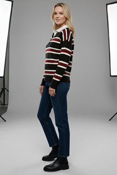 civetta Women's Black Striped Polo Neck Knit Sweater - Buttoned Soft Winter Top