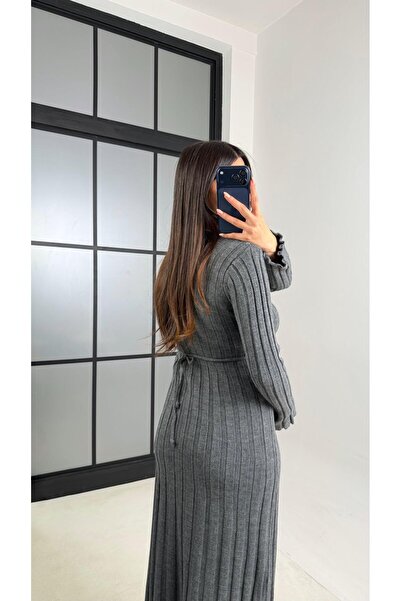 Gaus Antrasit Kuşak Detaylı Triko Elbise GAUS-00812