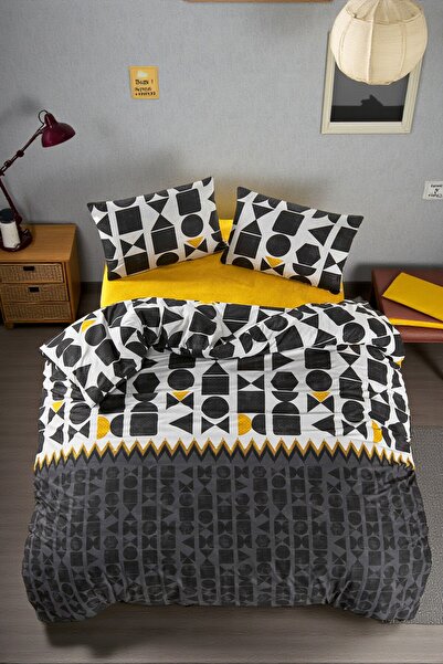 Cottonest Modern Geometric Patterned Premium Duvet Cover Set - 100% Cotton – Black & Yellow - Single Size